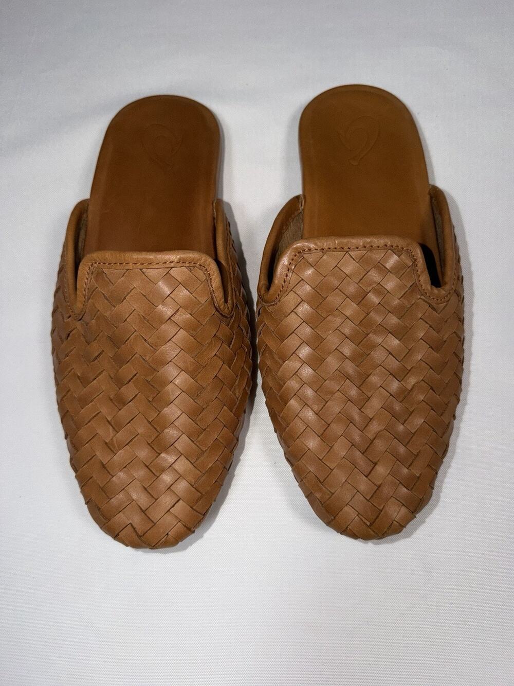 Olukai Women's Mi‘i Sz 7.5 Slip-on Mules Slides Woven Tan Leather Slippers Shoes